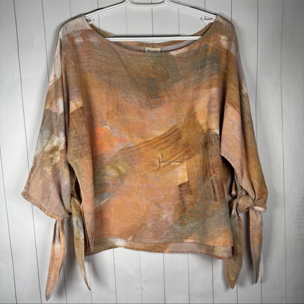 Sucesos Cotton Hand Painted Tie Sleeve Top Art to Wear Lagenlook Western Boho OS